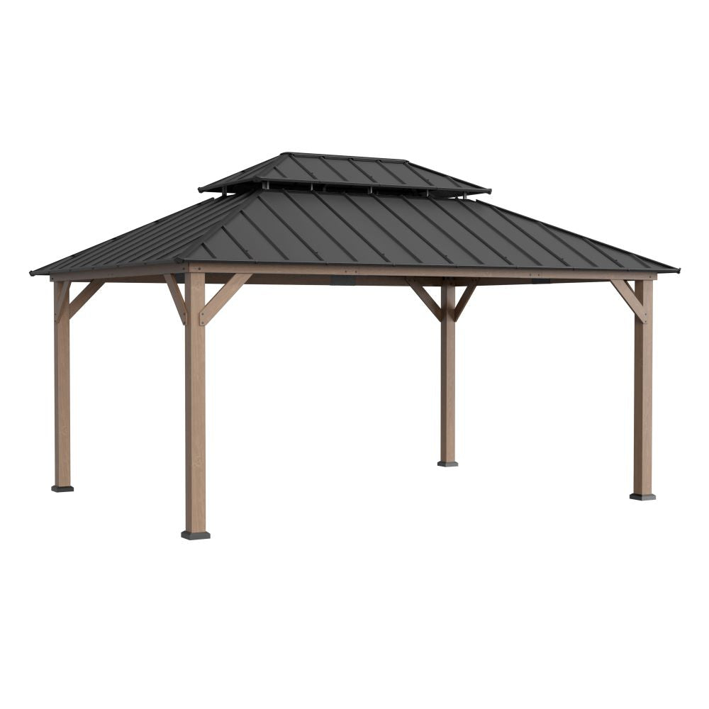 SUNJOY 12x16 Cedar Frame Gazebo with Steel Roof, Netting and Ceiling Hook - Weathered Cedar