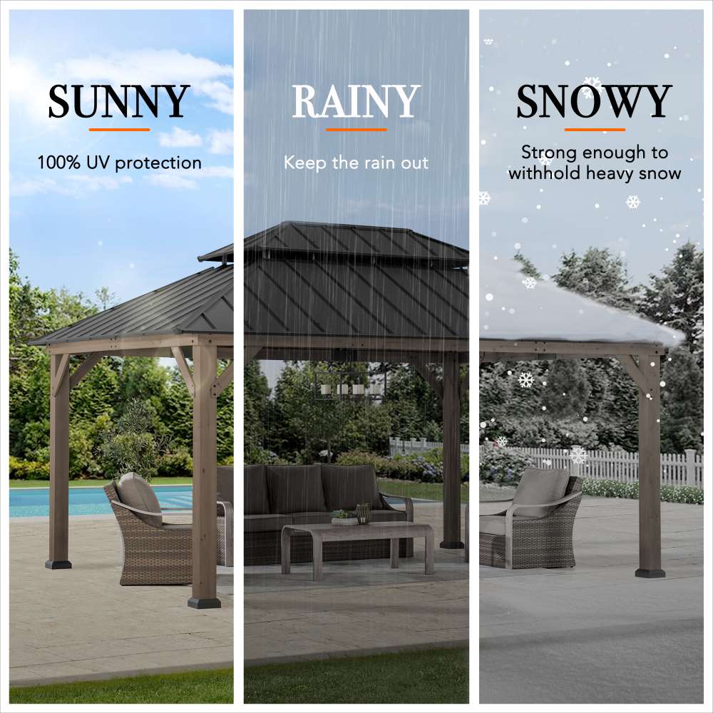 SUNJOY 12x16 Cedar Frame Gazebo with Steel Roof, Netting and Ceiling Hook - Weathered Cedar