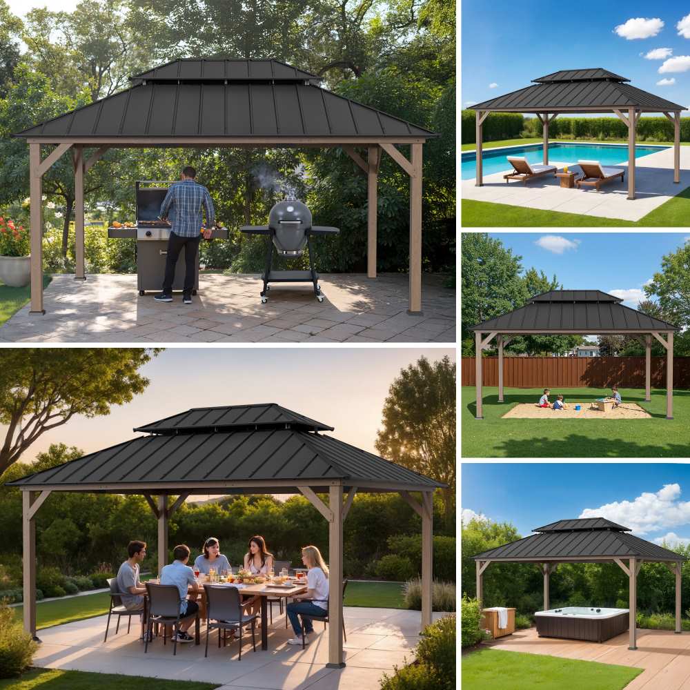 SUNJOY 12x16 Cedar Frame Gazebo with Steel Roof, Netting and Ceiling Hook - Weathered Cedar