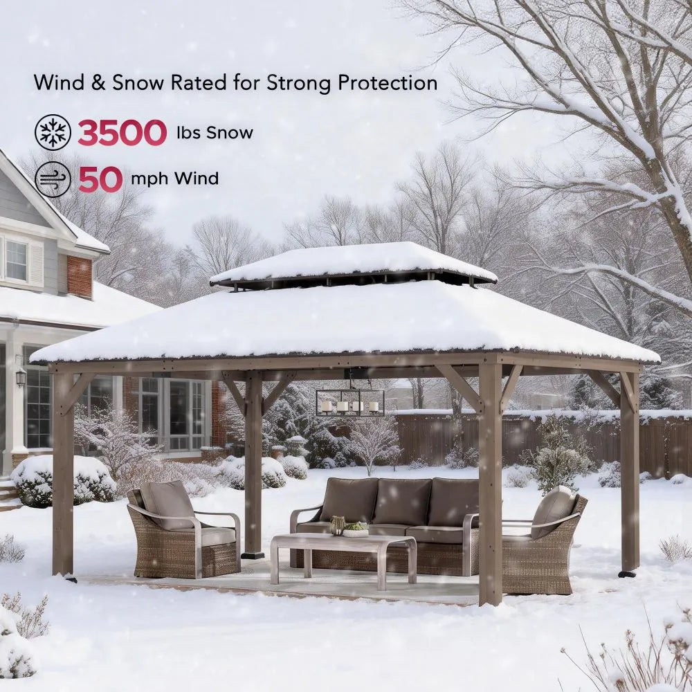 SUNJOY 12x16 Cedar Frame Gazebo with Steel Roof, Netting and Ceiling Hook - Weathered Cedar