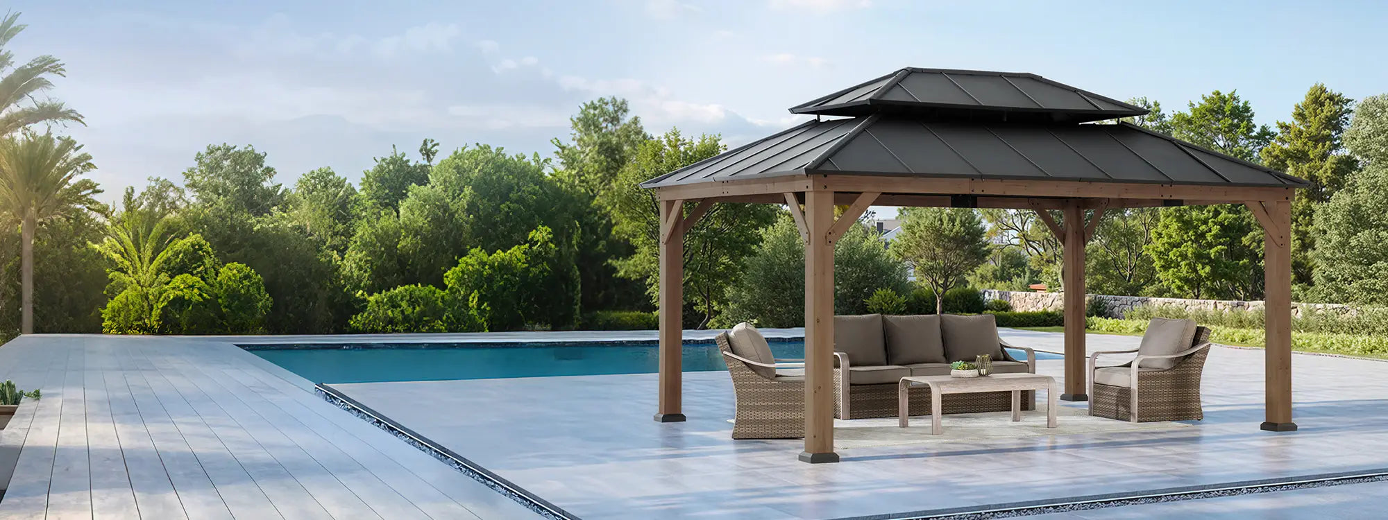 SUNJOY 12x16 Cedar Frame Gazebo with Steel Roof, Netting and Ceiling Hook - Weathered Cedar