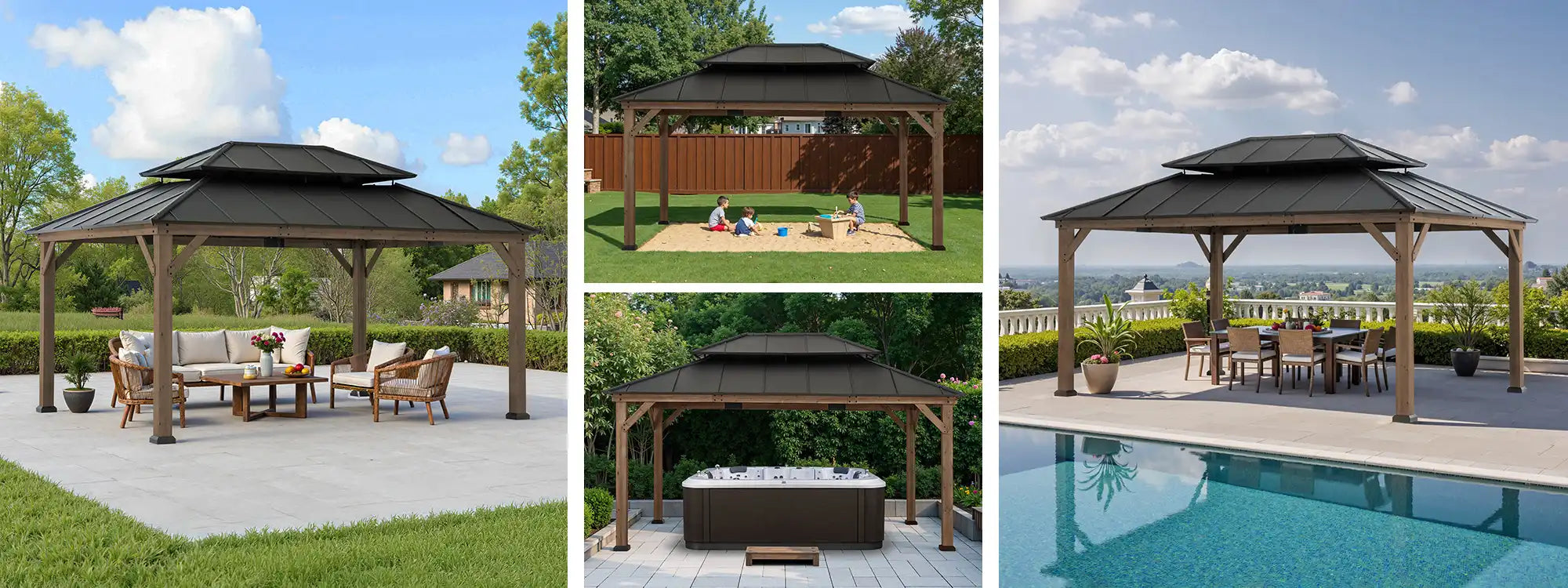 SUNJOY 12x16 Cedar Frame Gazebo with Steel Roof, Netting and Ceiling Hook - Weathered Cedar