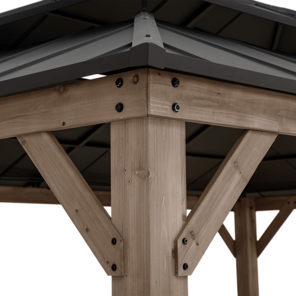 SUNJOY 12x16 Cedar Frame Gazebo with Steel Roof, Netting and Ceiling Hook - Weathered Cedar