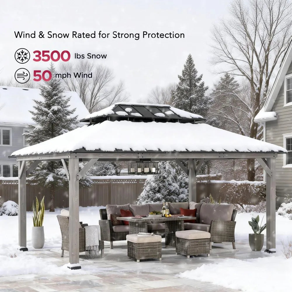 SUNJOY 12x16 Wooden Gazebo with 2-tier Metal Roof and Ceiling Hook - Driftwood Cedar