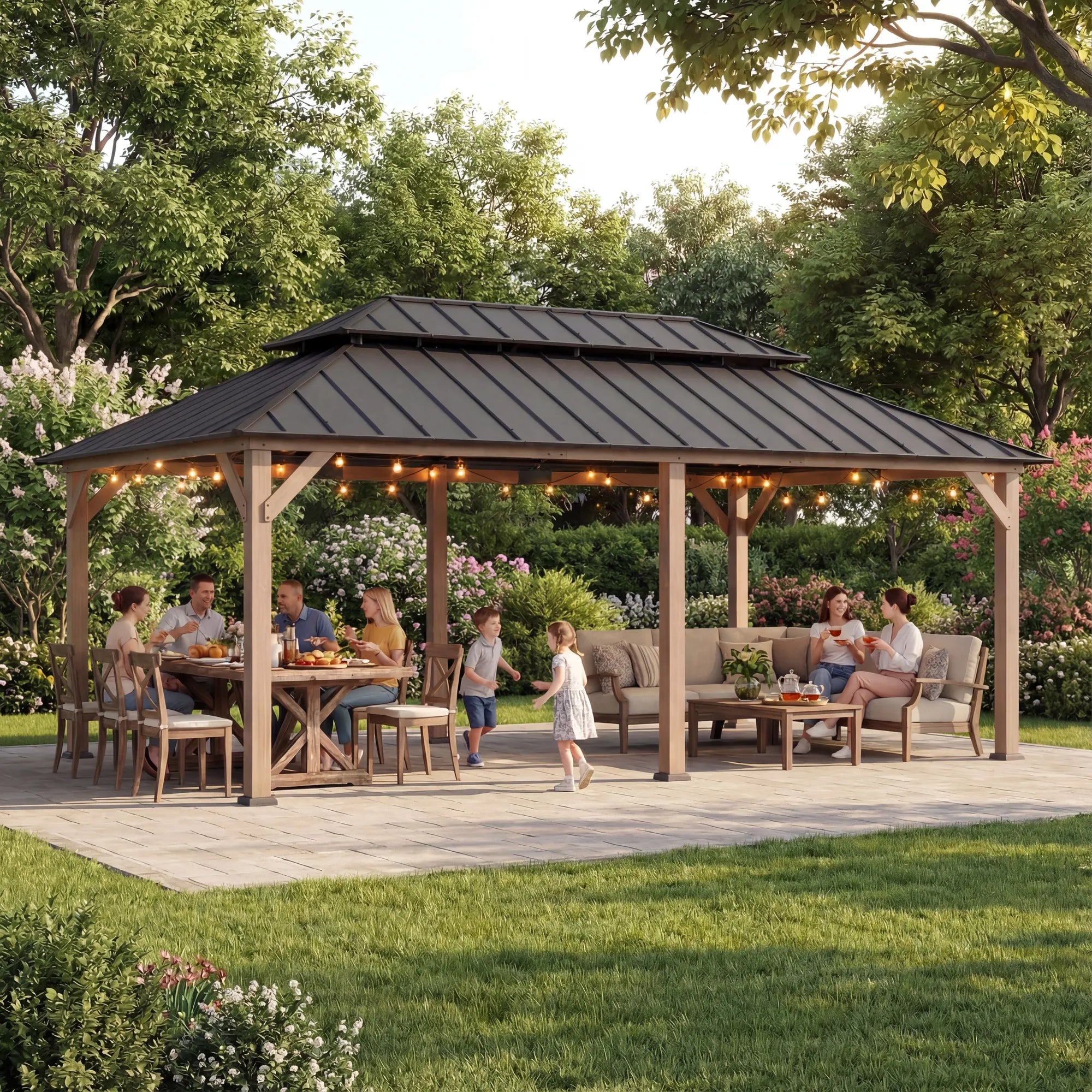 SUNJOY 12x20 Patio Wooden Gazebo with Ceiling Hooks - Weathered Cedar