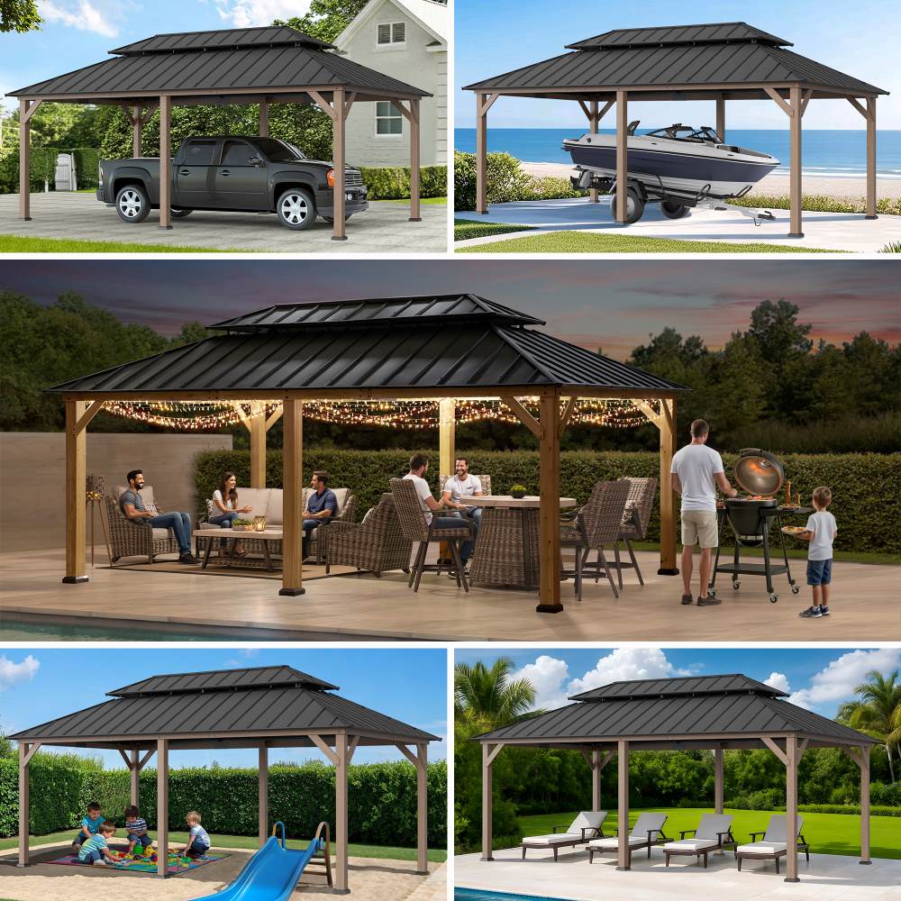 SUNJOY 12x20 Patio Wooden Gazebo with Ceiling Hooks - Weathered Cedar