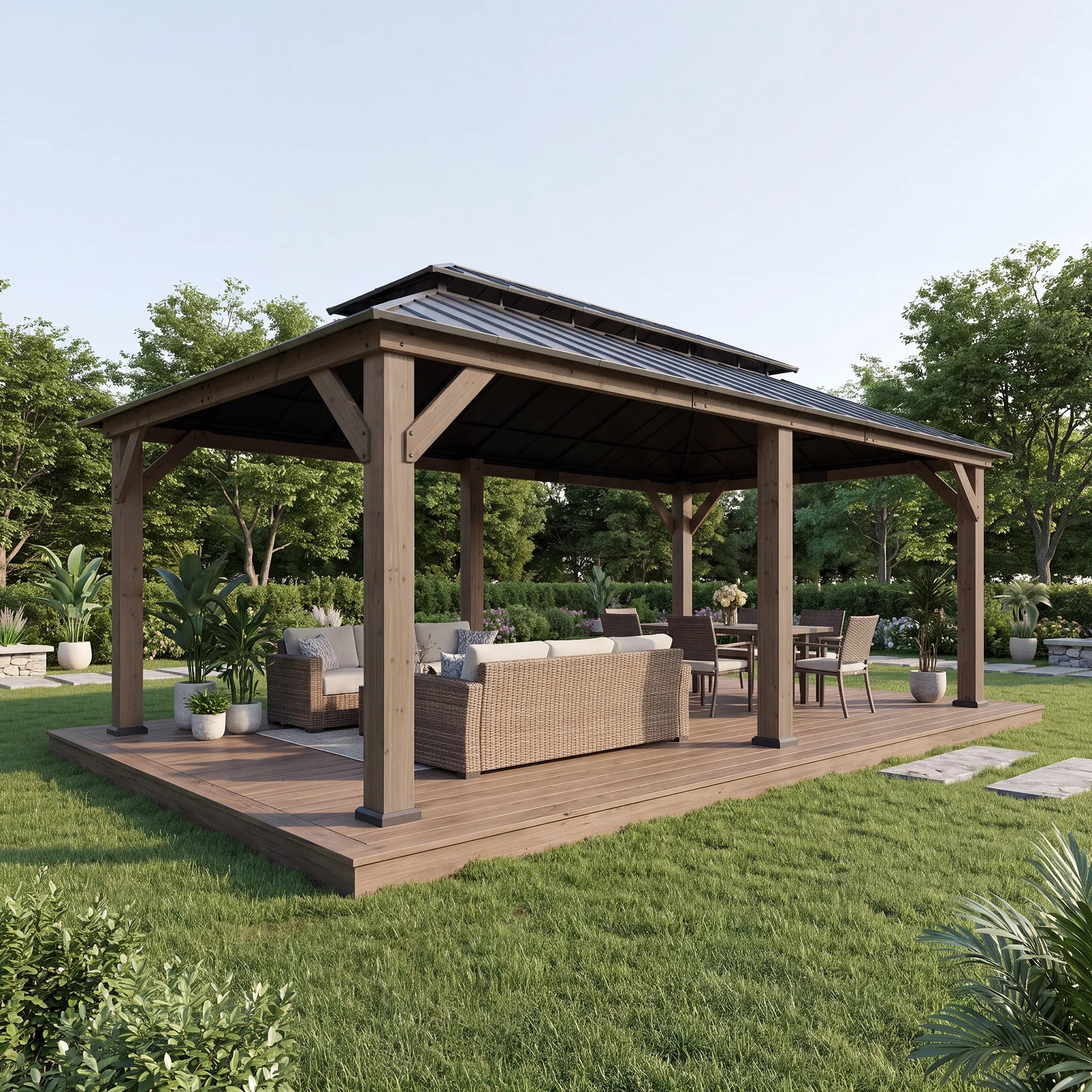 Patio Wooden Gazebo with Ceiling Hooks, 12x20 - Weathered Cedar