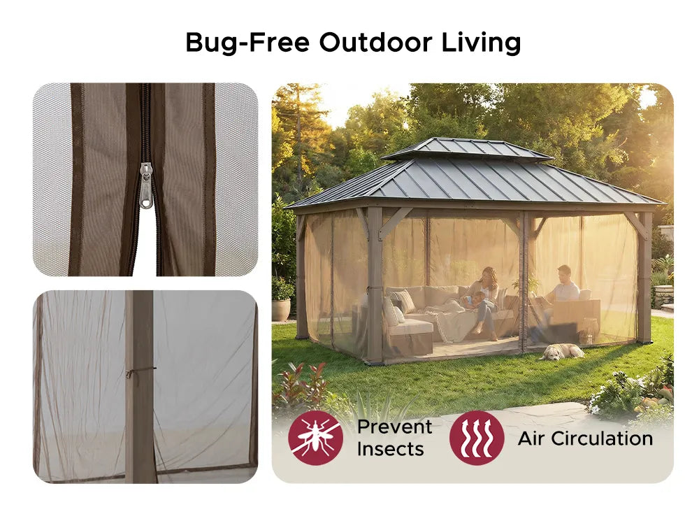 SUNJOY 12x16 Patio Cedar Wood Gazebo with Galvanized Steel Roof & Mosquito Netting