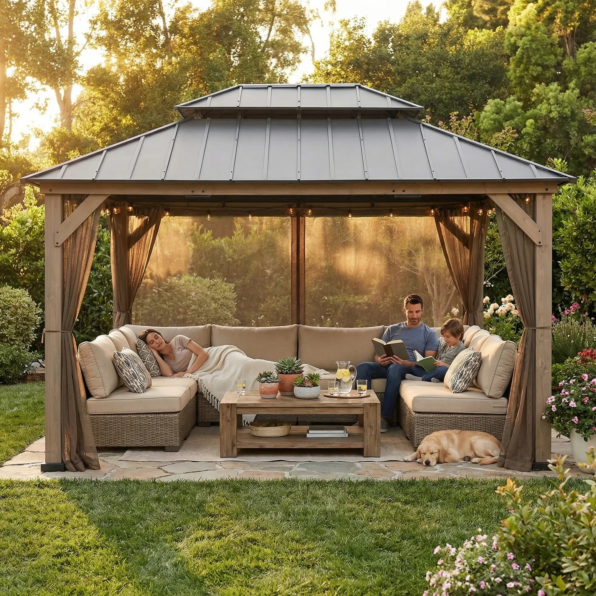 SUNJOY 12x16 Patio Cedar Wood Gazebo with Galvanized Steel Roof & Mosquito Netting