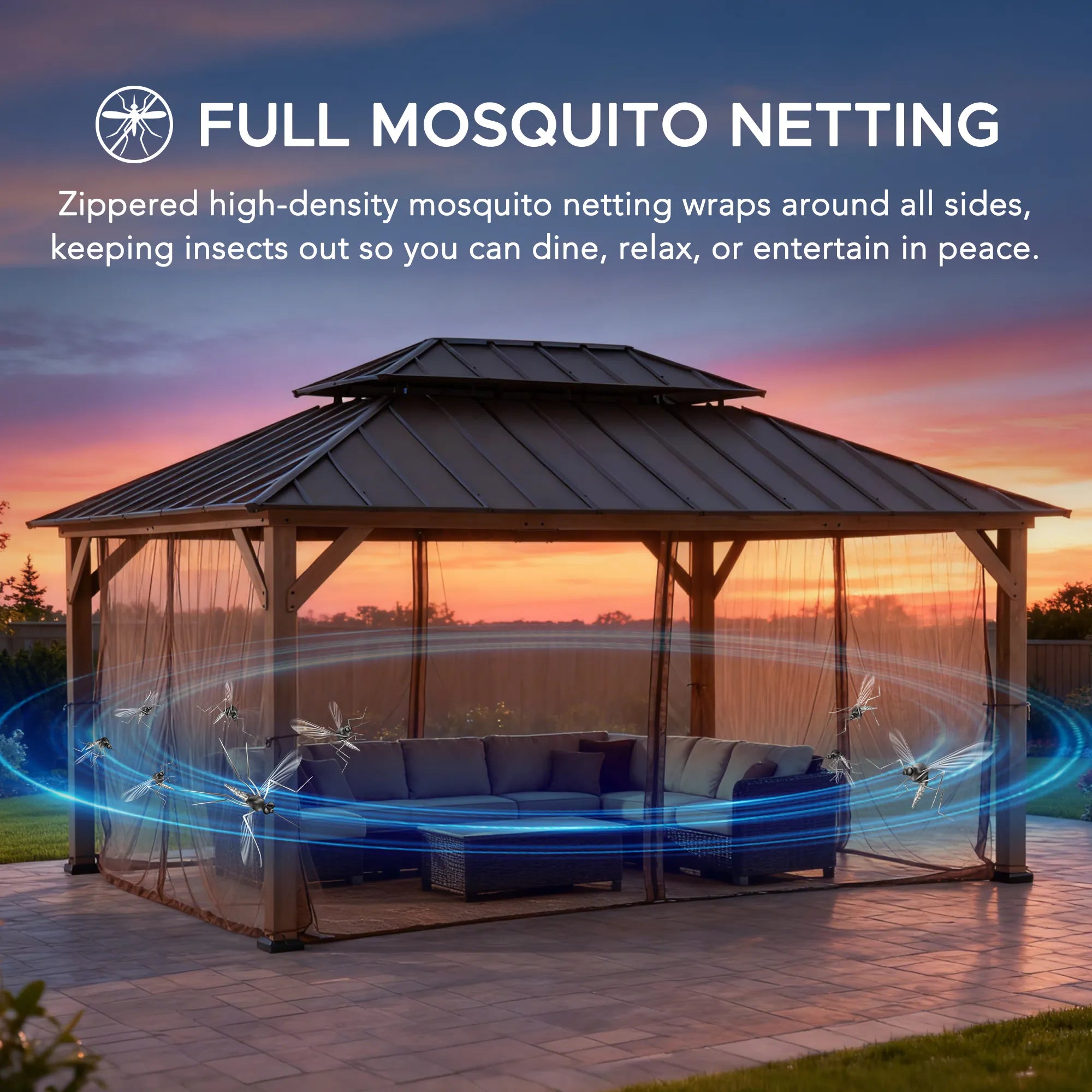 SUNJOY 12x16 Patio Cedar Wood Gazebo with Galvanized Steel Roof & Mosquito Netting