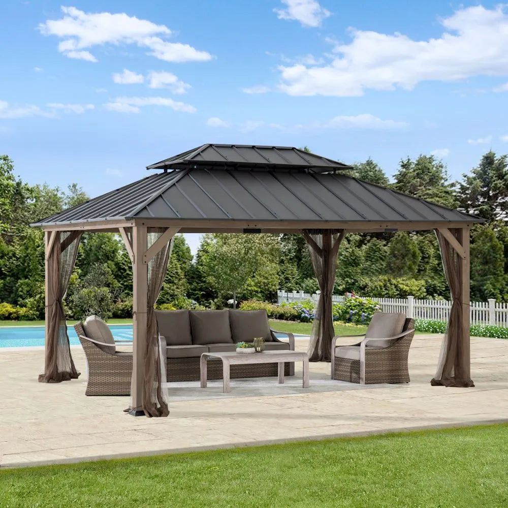 SUNJOY 12x16 Patio Cedar Wood Gazebo with Galvanized Steel Roof & Mosquito Netting