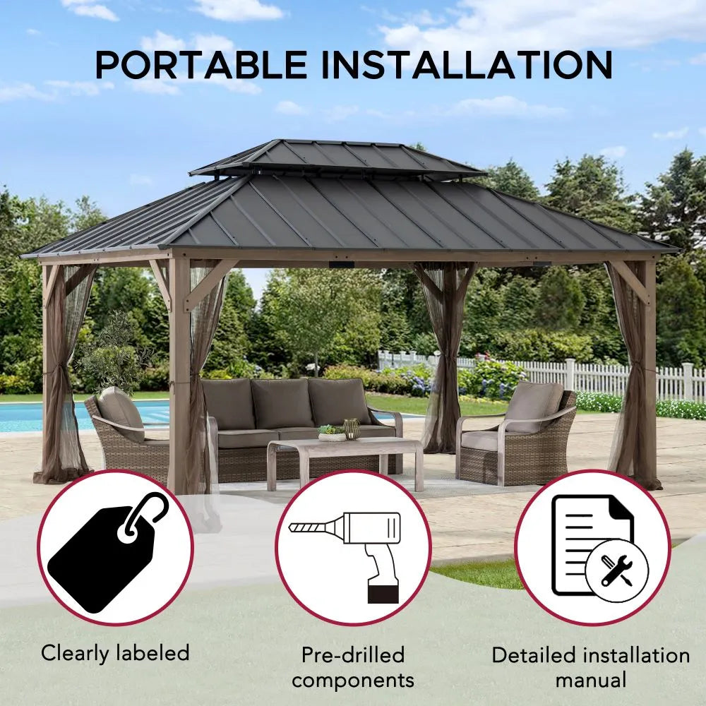 SUNJOY 12x16 Patio Cedar Wood Gazebo with Galvanized Steel Roof & Mosquito Netting