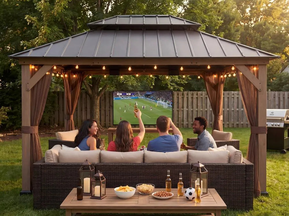 People watching TV in a backyard gazebo with outdoor furniture and food.