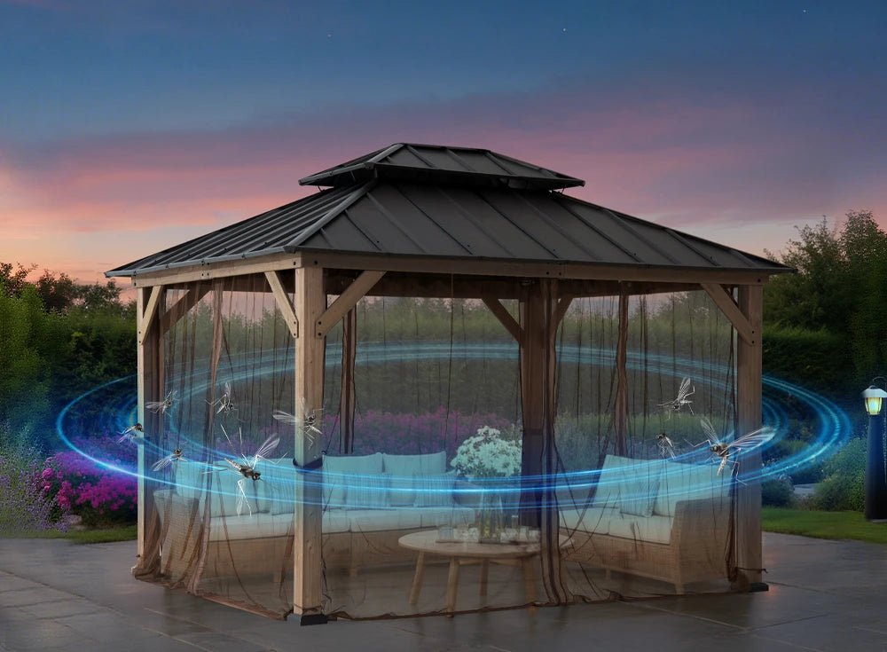 SUNJOY 10x12 Cedar Wood Gazebo with Galvanized Steel Roof, LED String Lights & Mosquito Netting - Brown