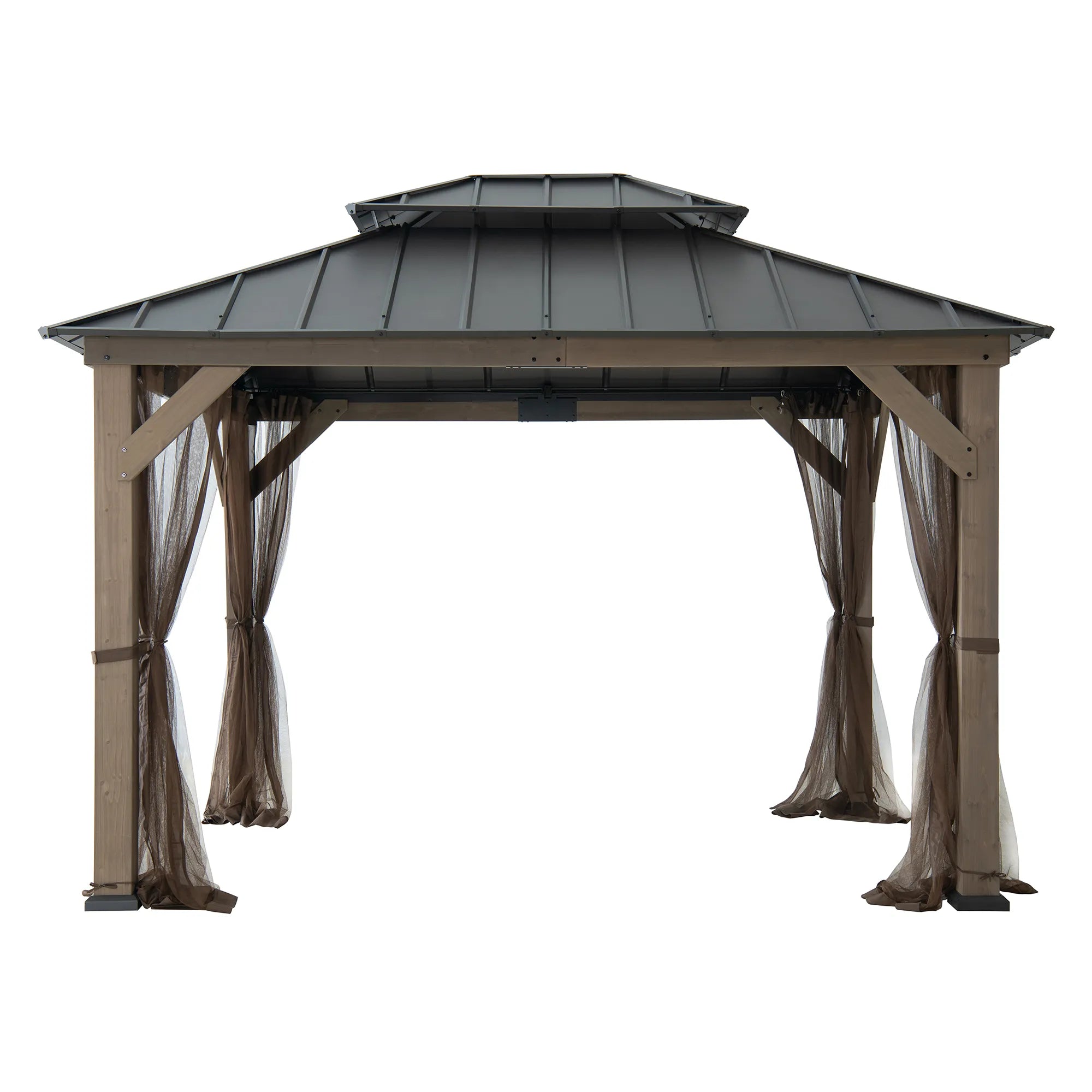 SUNJOY 10x12 Cedar Wood Gazebo with Galvanized Steel Roof, LED String Lights & Mosquito Netting - Brown