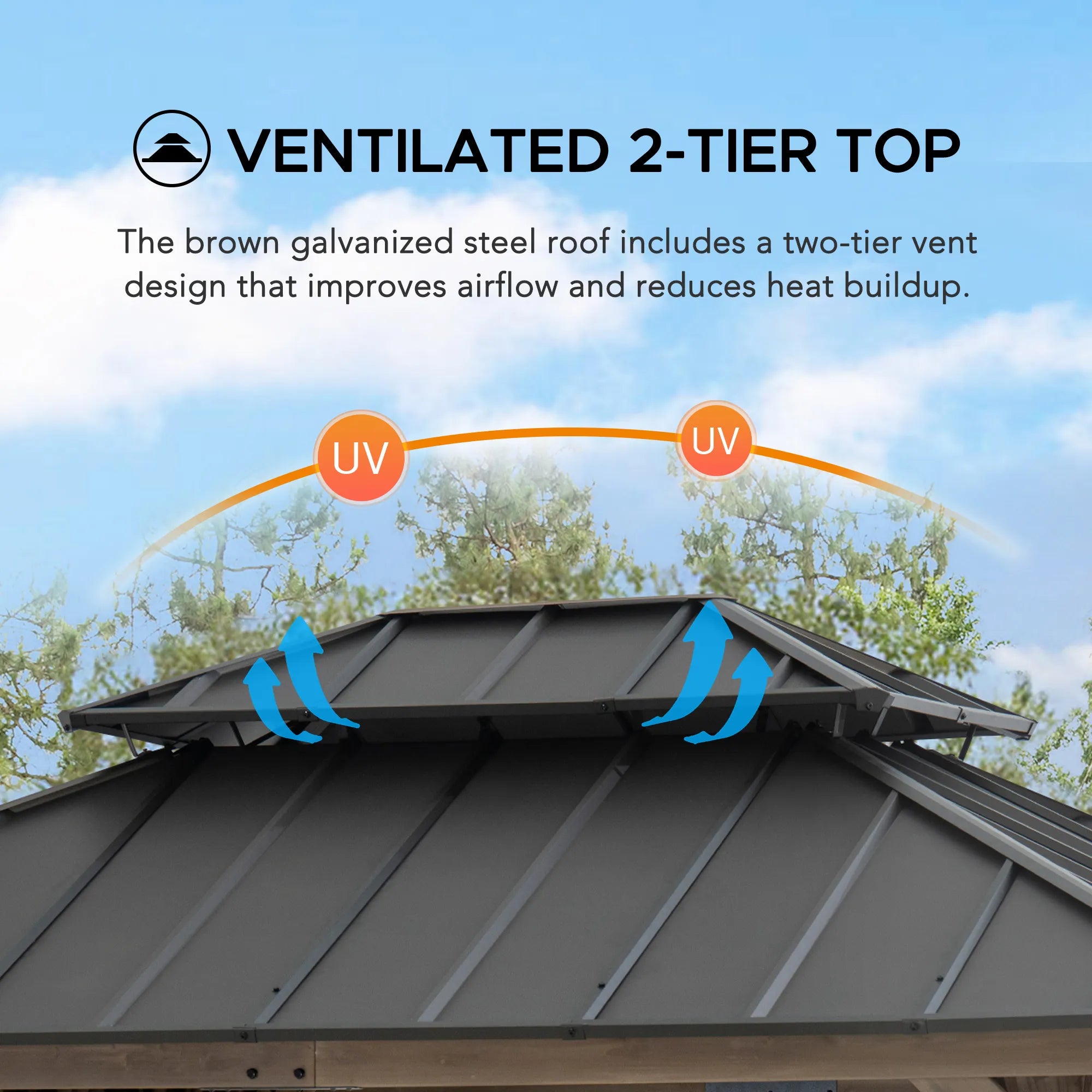SUNJOY 10x12 Cedar Wood Gazebo with Galvanized Steel Roof, LED String Lights & Mosquito Netting - Brown