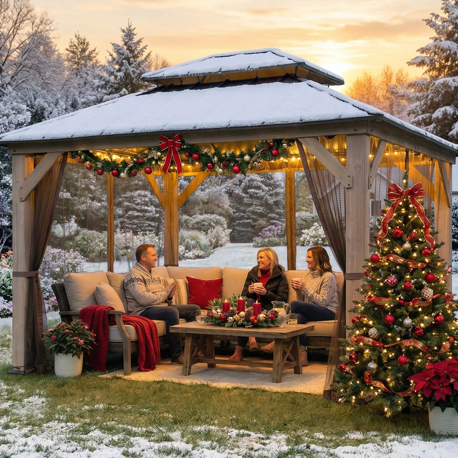 SUNJOY 10x12 Cedar Wood Gazebo with Galvanized Steel Roof, LED String Lights & Mosquito Netting - Brown