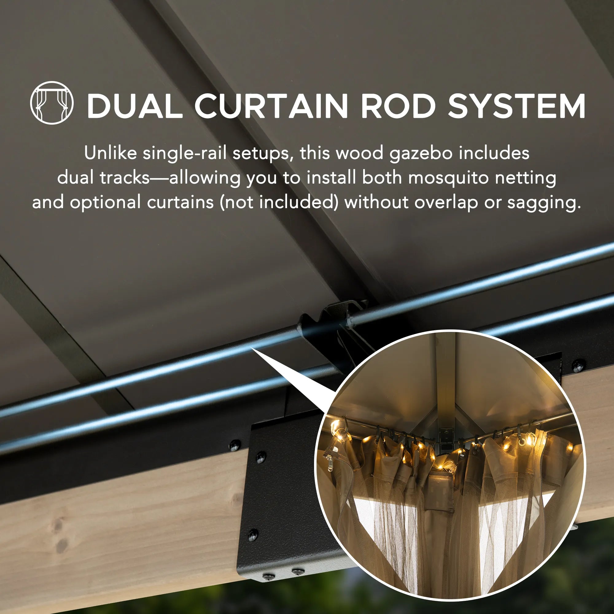 SUNJOY 10x12 Cedar Wood Gazebo with Galvanized Steel Roof, LED String Lights & Mosquito Netting - Brown