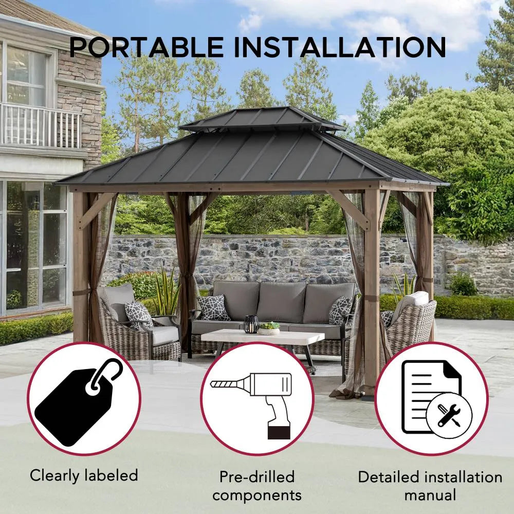 SUNJOY 10x12 Cedar Wood Gazebo with Galvanized Steel Roof, LED String Lights & Mosquito Netting - Brown