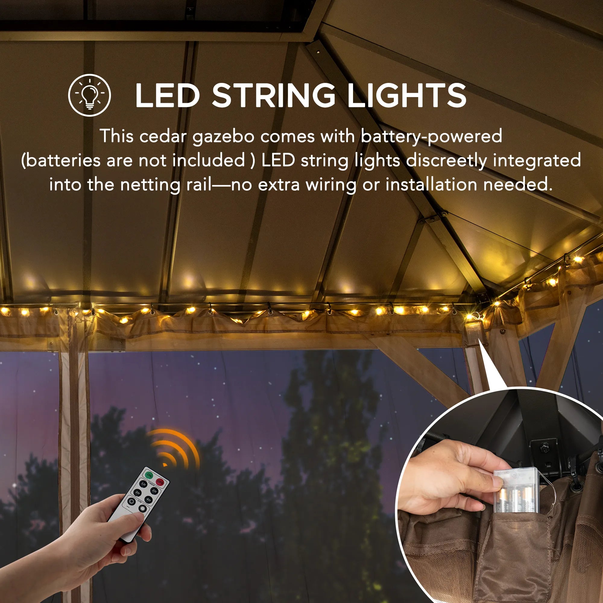 SUNJOY 10x12 Cedar Wood Gazebo with Galvanized Steel Roof, LED String Lights & Mosquito Netting - Brown