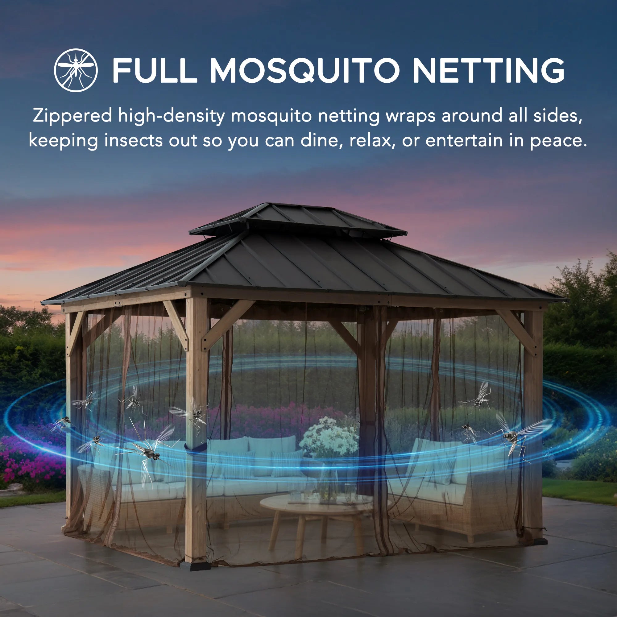 SUNJOY 10x12 Cedar Wood Gazebo with Galvanized Steel Roof, LED String Lights & Mosquito Netting - Brown