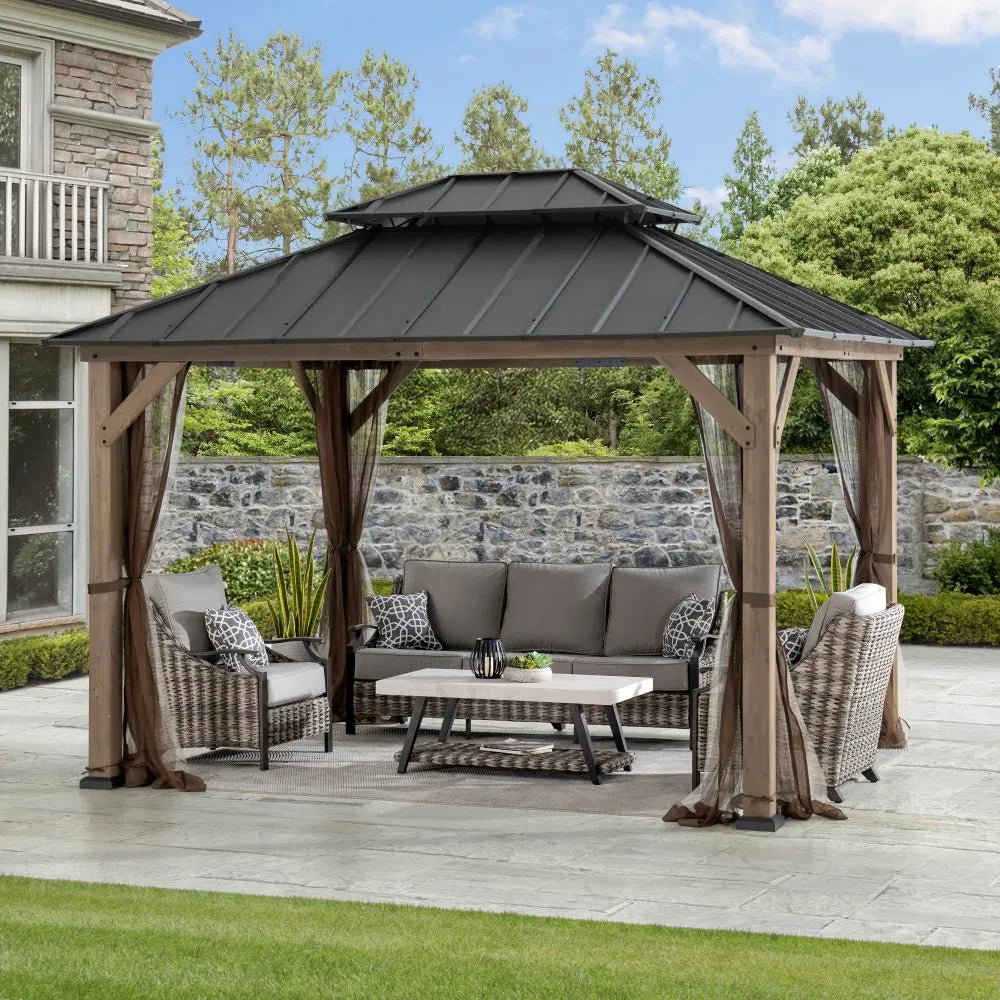 SUNJOY 10x12 Cedar Wood Gazebo with Galvanized Steel Roof, LED String Lights & Mosquito Netting - Brown
