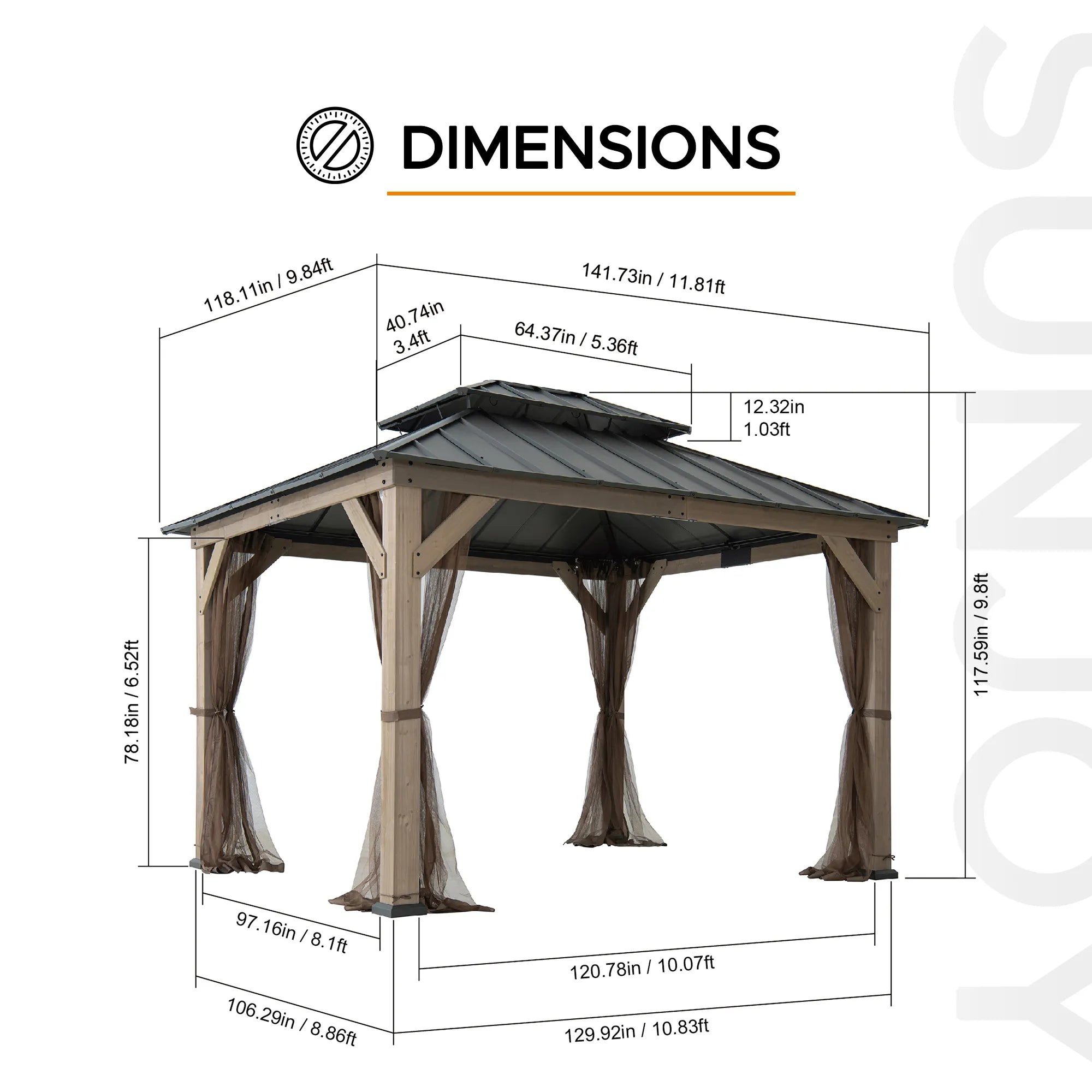 SUNJOY 10x12 Cedar Wood Gazebo with Galvanized Steel Roof, LED String Lights & Mosquito Netting - Brown