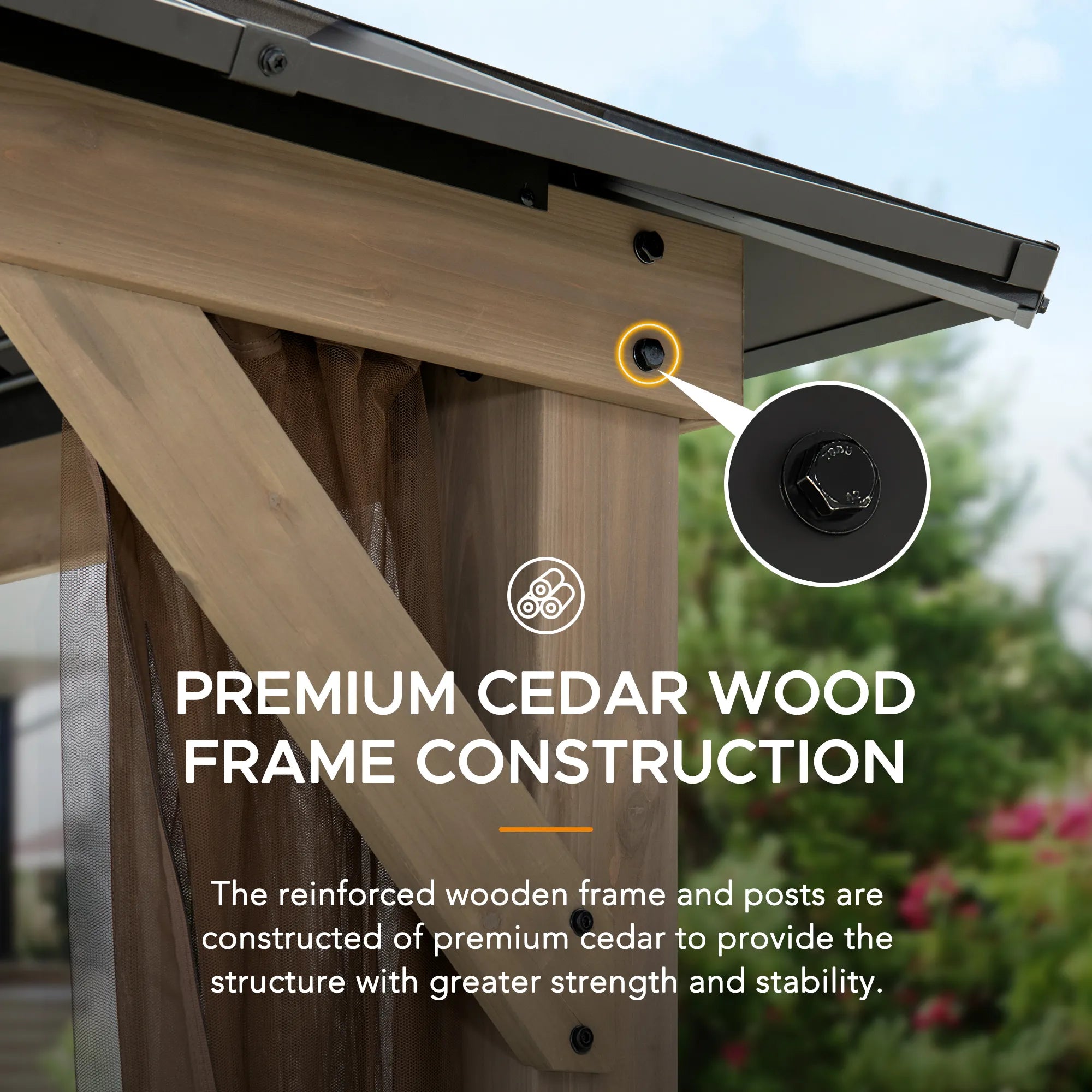 SUNJOY 10x12 Cedar Wood Gazebo with Galvanized Steel Roof, LED String Lights & Mosquito Netting - Brown