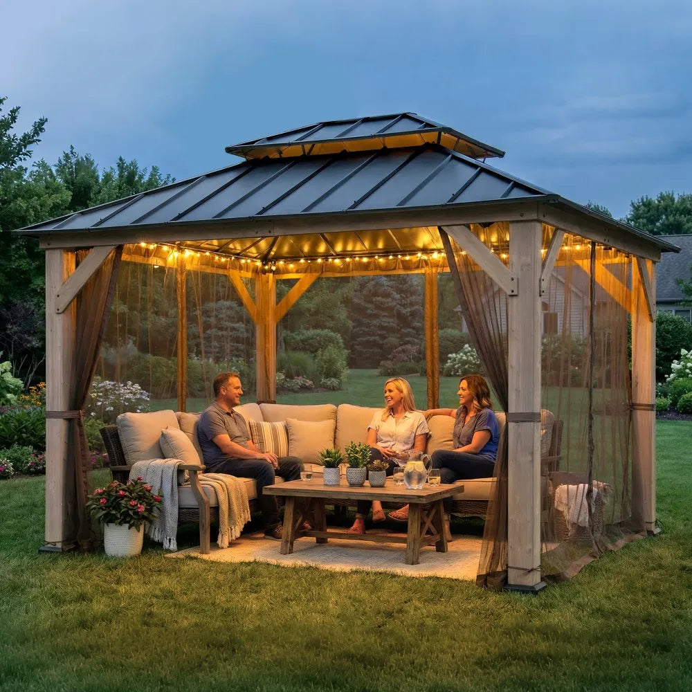 SUNJOY 10x12 Cedar Wood Gazebo with Galvanized Steel Roof, LED String Lights & Mosquito Netting - Brown