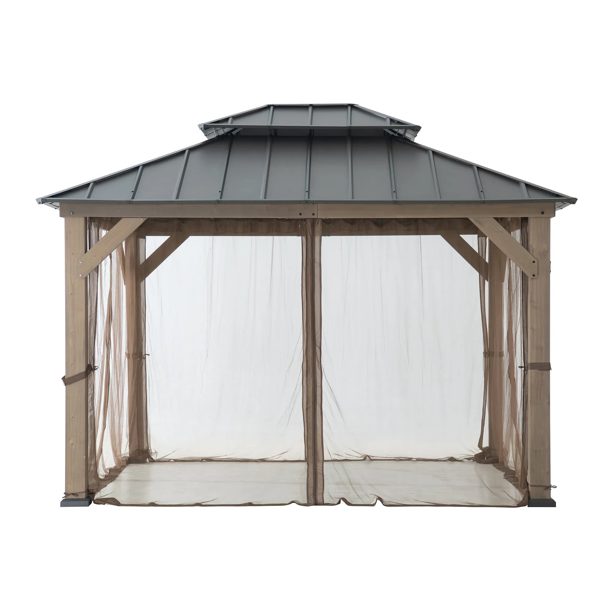 SUNJOY 10x12 Cedar Wood Gazebo with Galvanized Steel Roof, LED String Lights & Mosquito Netting - Brown
