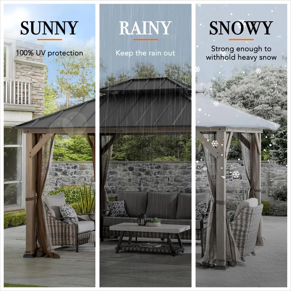 SUNJOY 10x12 Cedar Wood Gazebo with Galvanized Steel Roof, LED String Lights & Mosquito Netting - Brown