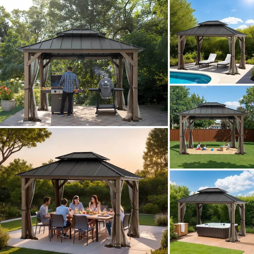 SUNJOY 10x12 Cedar Wood Gazebo with Galvanized Steel Roof, LED String Lights & Mosquito Netting - Brown
