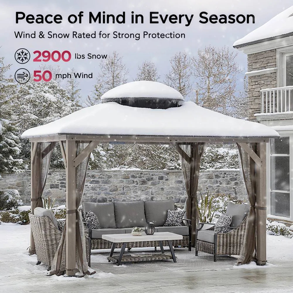 SUNJOY 10x12 Cedar Wood Gazebo with Galvanized Steel Roof, LED String Lights & Mosquito Netting - Brown