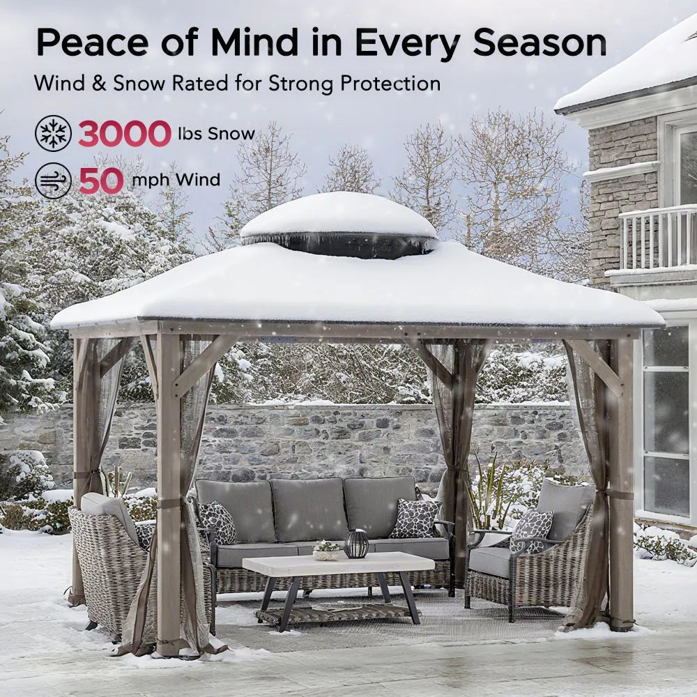 SUNJOY 10x12 Cedar Wood Gazebo with Galvanized Steel Roof, LED String Lights & Mosquito Netting - Brown