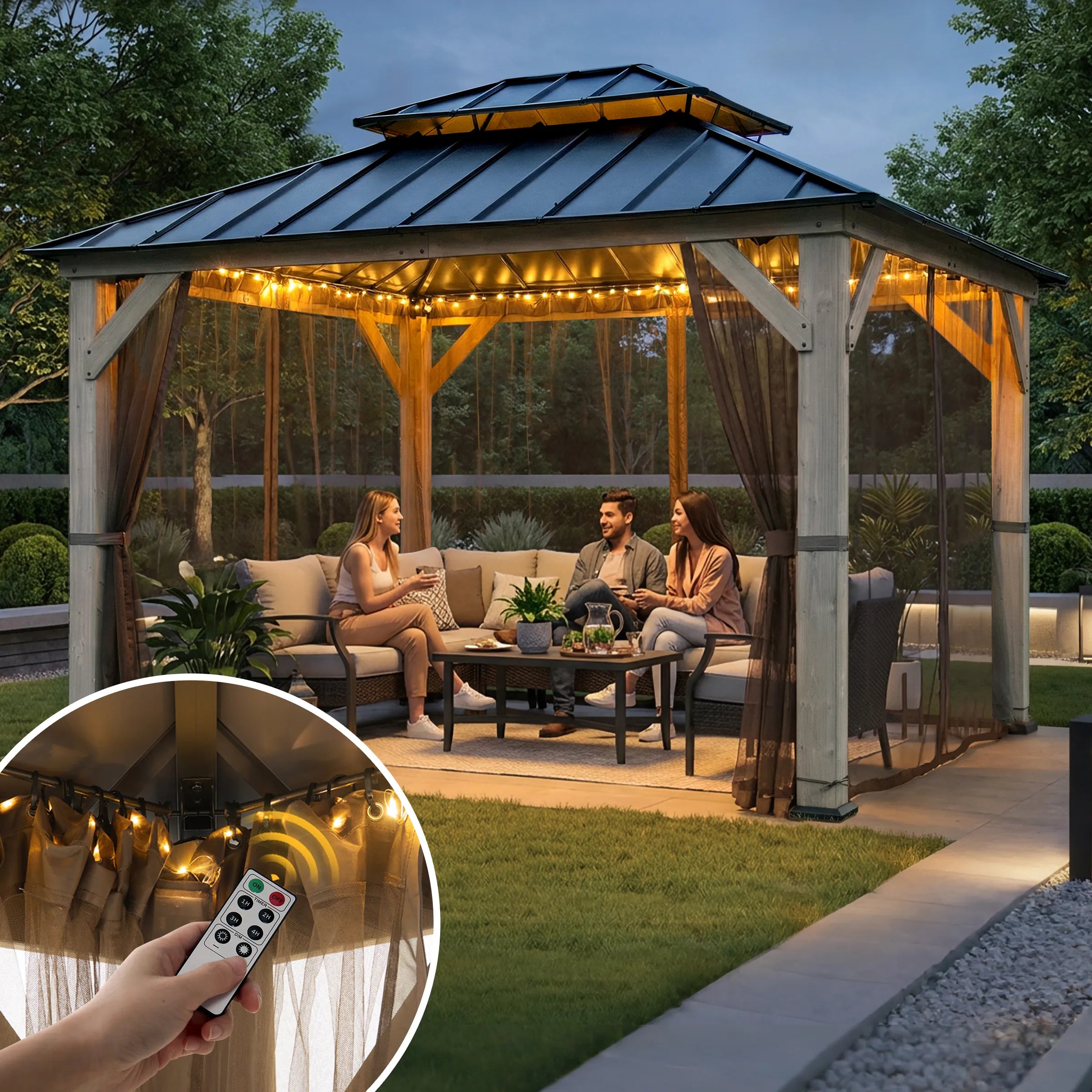 SUNJOY 10x12 Cedar Wood Gazebo with Galvanized Steel Roof, LED String Lights & Mosquito Netting - Black