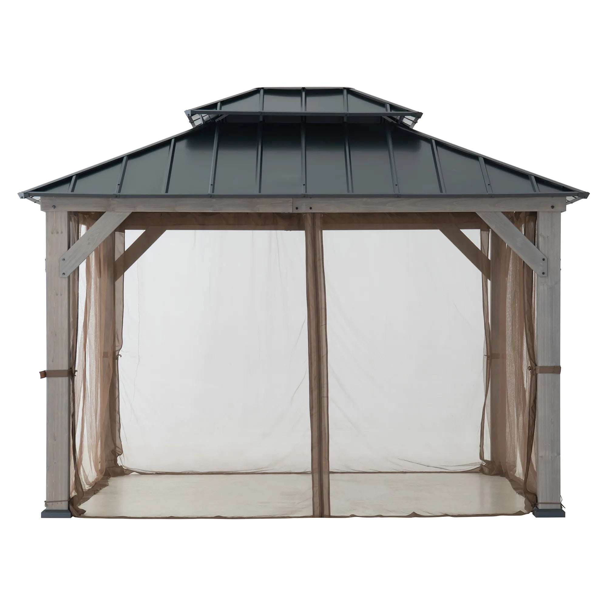 SUNJOY 10x12 Cedar Wood Gazebo with Galvanized Steel Roof, LED String Lights & Mosquito Netting - Black