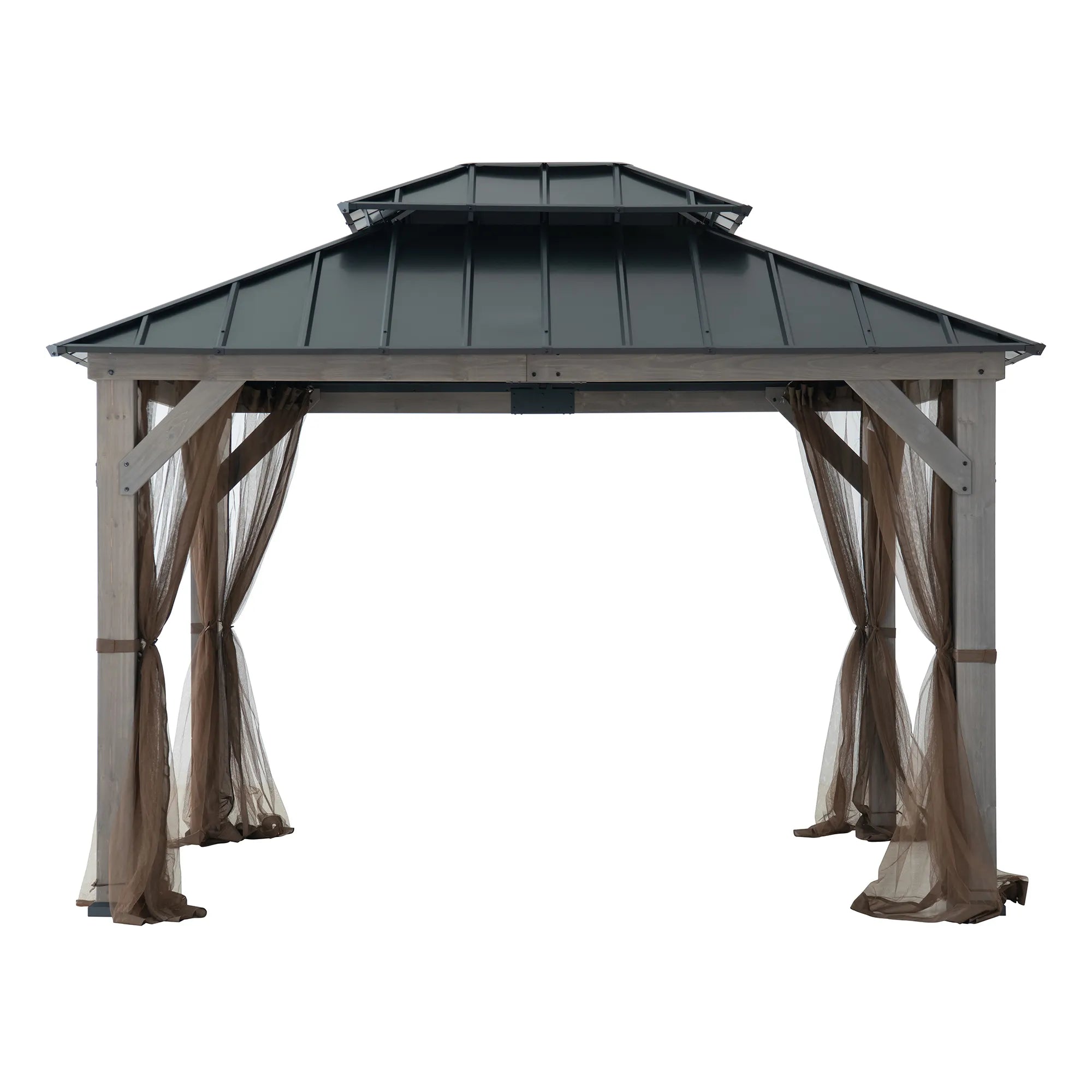 SUNJOY 10x12 Cedar Wood Gazebo with Galvanized Steel Roof, LED String Lights & Mosquito Netting - Black