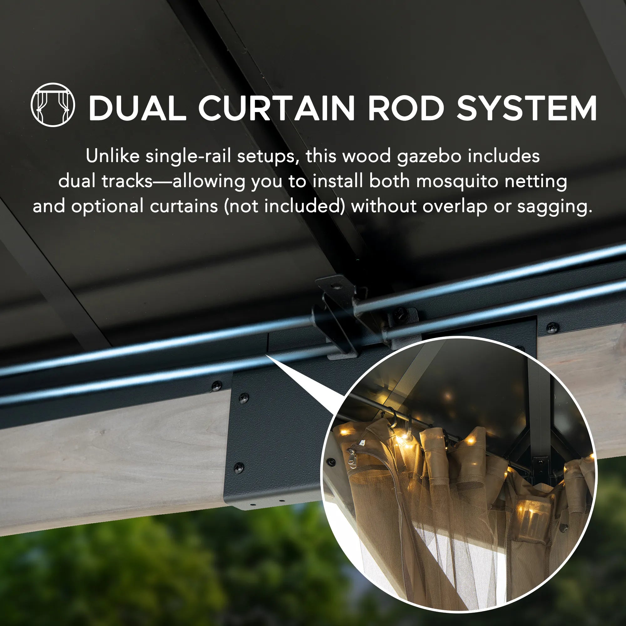 SUNJOY 10x12 Cedar Wood Gazebo with Galvanized Steel Roof, LED String Lights & Mosquito Netting - Black