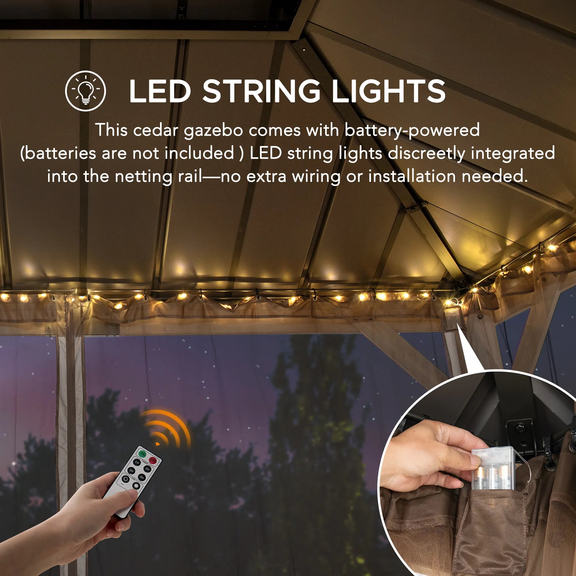 SUNJOY 10x12 Cedar Wood Gazebo with Galvanized Steel Roof, LED String Lights & Mosquito Netting - Black