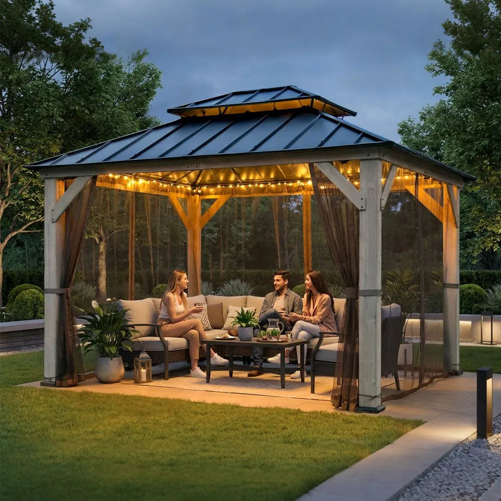 SUNJOY 10x12 Cedar Wood Gazebo with Galvanized Steel Roof, LED String Lights & Mosquito Netting - Black