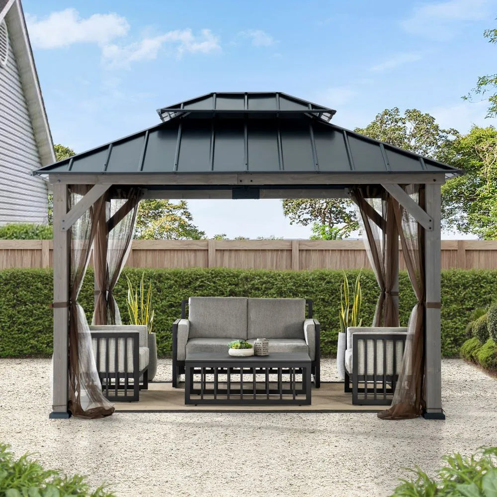 10x12 Cedar Hardtop Gazebo with Netting & String Lights | SUNJOY