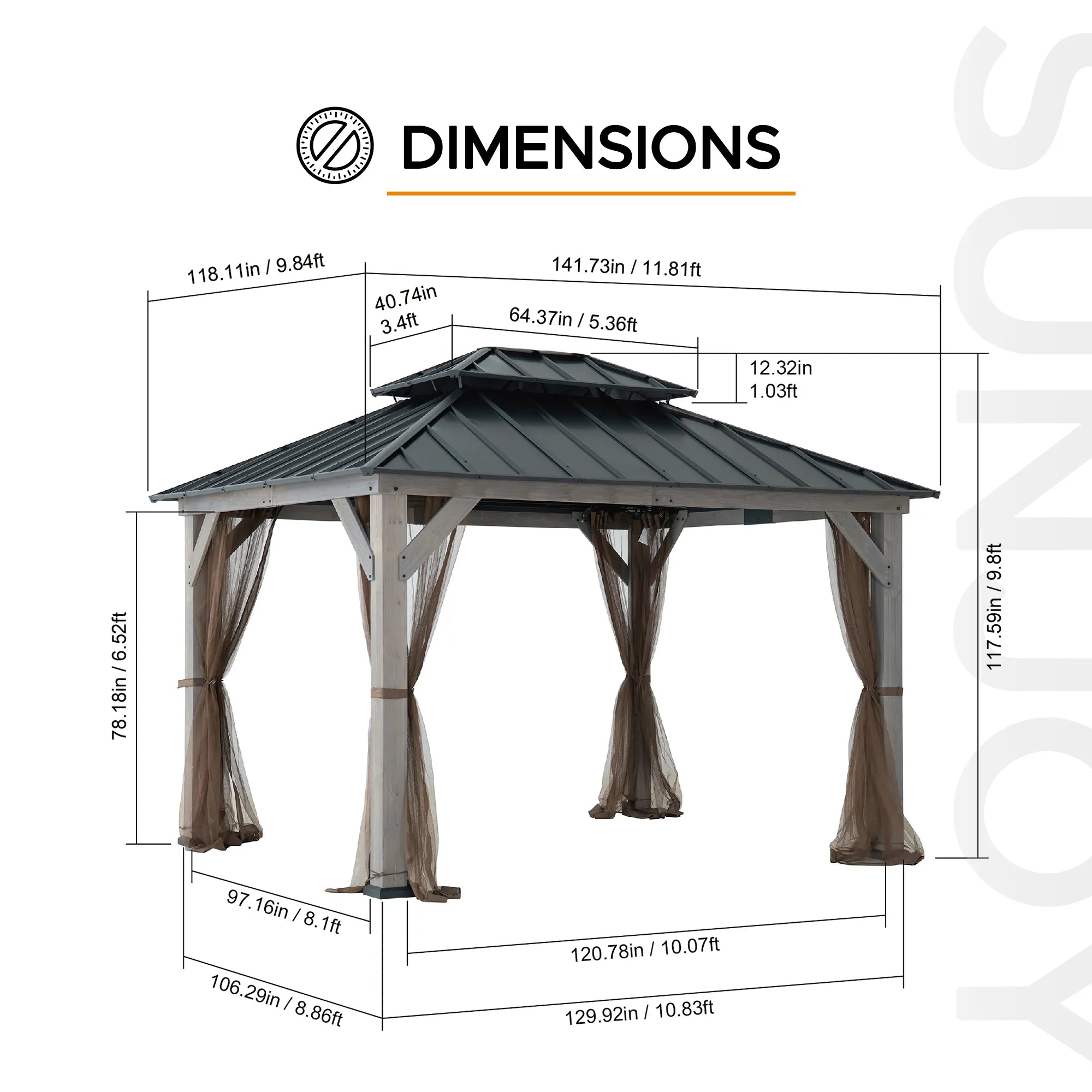SUNJOY 10x12 Cedar Wood Gazebo with Galvanized Steel Roof, LED String Lights & Mosquito Netting - Black