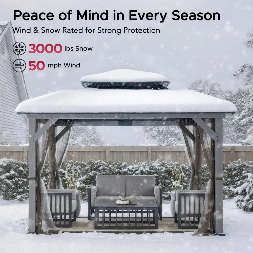 SUNJOY 10x12 Cedar Wood Gazebo with Galvanized Steel Roof, LED String Lights & Mosquito Netting - Black