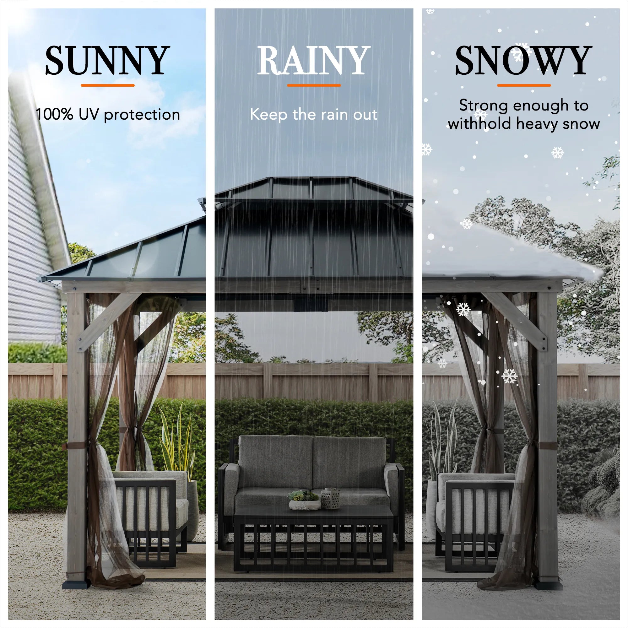 SUNJOY 10x12 Cedar Wood Gazebo with Galvanized Steel Roof, LED String Lights & Mosquito Netting - Black