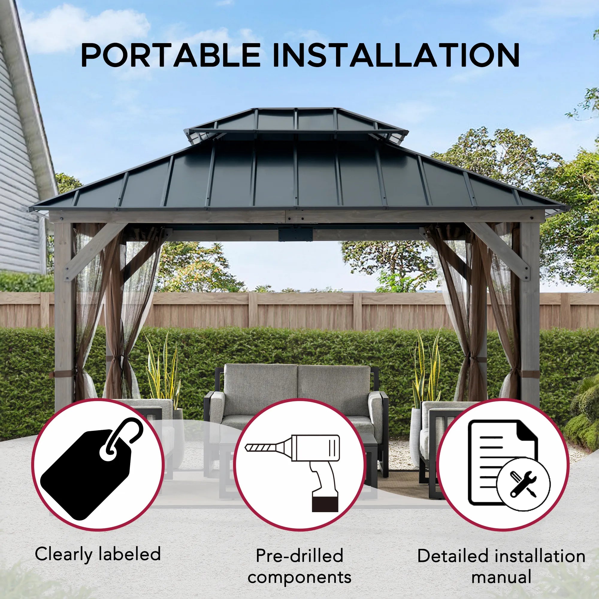 SUNJOY 10x12 Cedar Wood Gazebo with Galvanized Steel Roof, LED String Lights & Mosquito Netting - Black