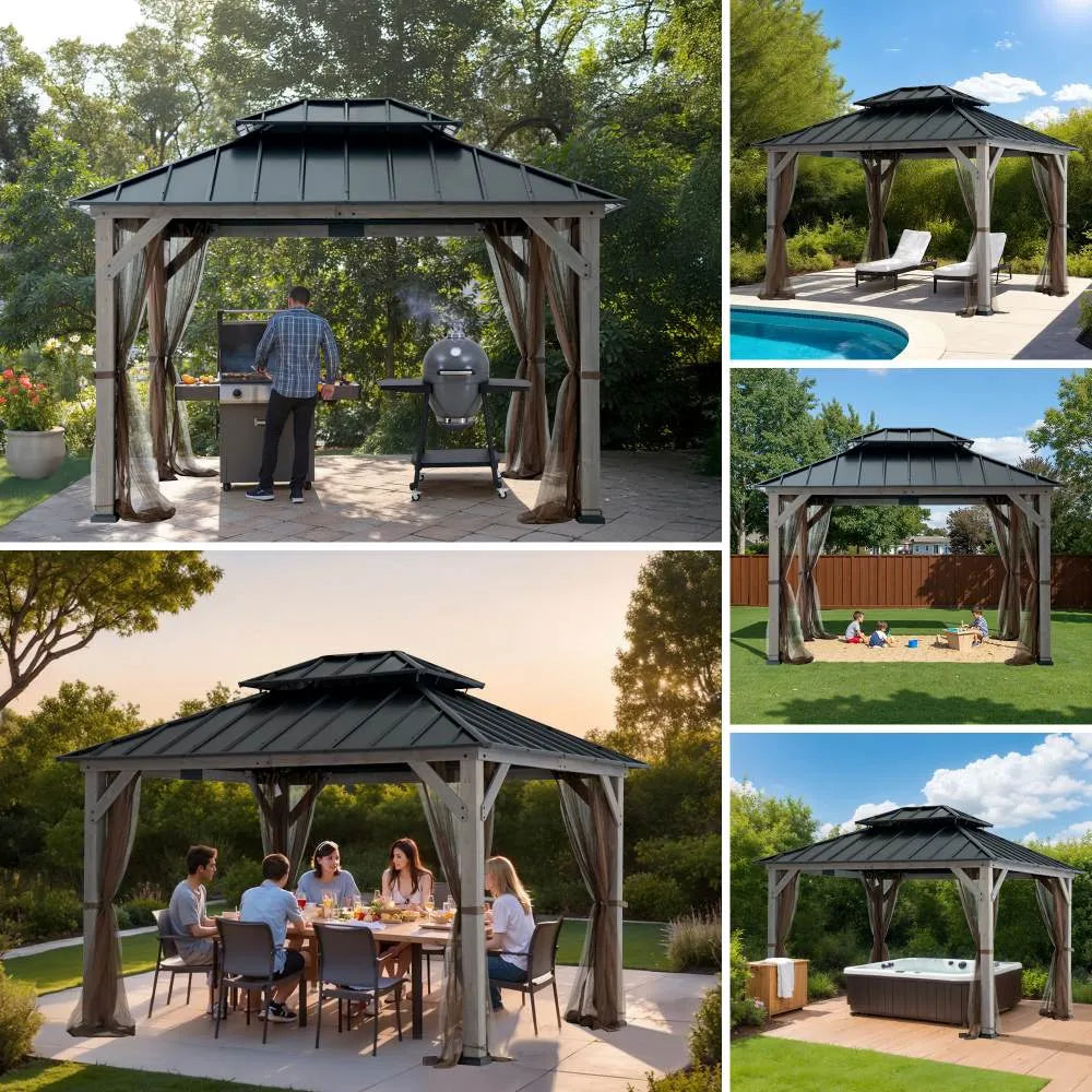 SUNJOY 10x12 Cedar Wood Gazebo with Galvanized Steel Roof, LED String Lights & Mosquito Netting - Black