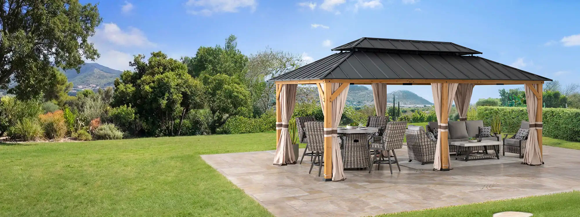 SUNJOY 12x20 Cedar Frame Gazebo with Galvanized Steel Roof and Curtains