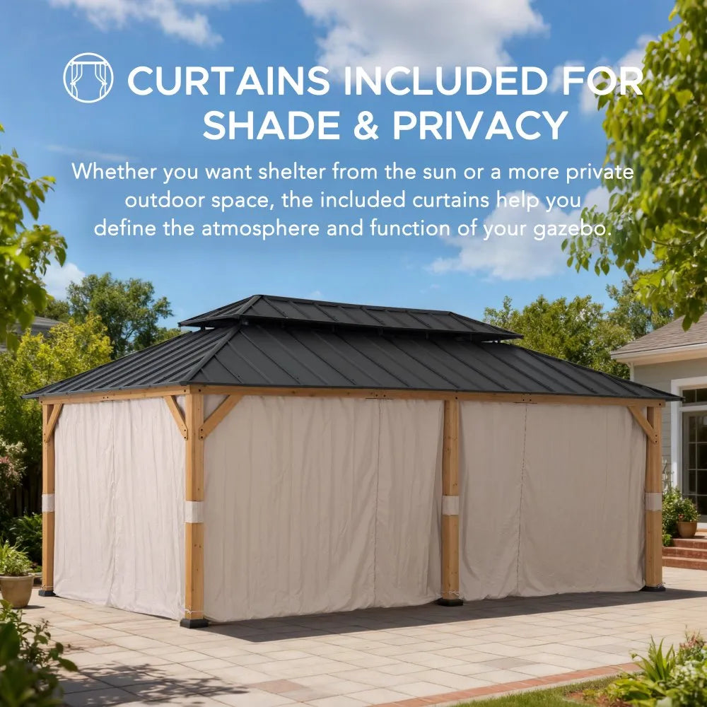 SUNJOY 12x20 Cedar Frame Gazebo with Galvanized Steel Roof and Curtains