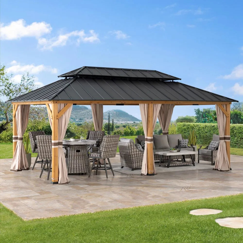 SUNJOY 12x20 Cedar Frame Gazebo with Galvanized Steel Roof and Curtains