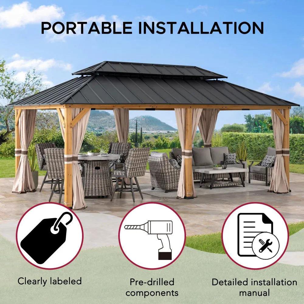 SUNJOY 12x20 Cedar Frame Gazebo with Galvanized Steel Roof and Curtains